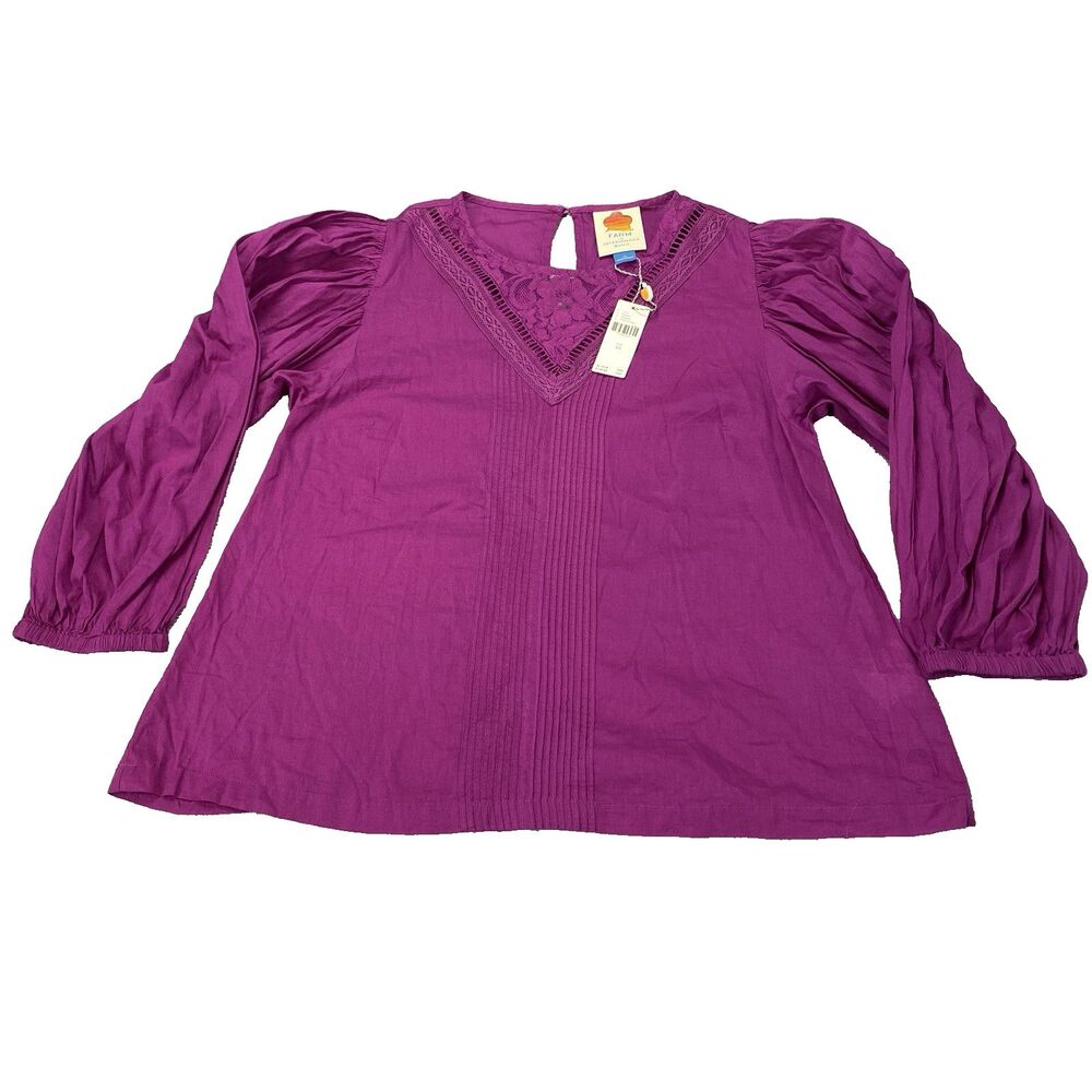 Farm Rio Anthropologie Kelsie Purple Lace Eyelet Blouse Top Womens XS MSRP: $118